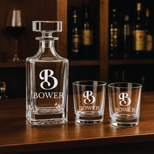Custom Engraved Decanter Gift Set – 750ml with Optional Glasses & Display Box