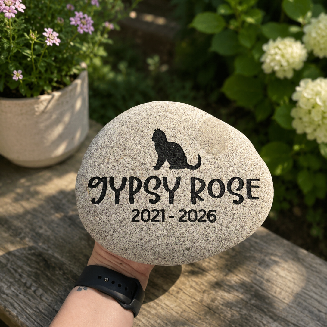 Custom Cat Memorial Stone – Personalized Pet Loss Garden Rock with Name & Dates