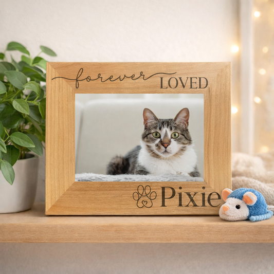 Personalized Cat Memorial Picture Frame – Engraved Alder Wood Pet Remembrance Gift, Paw Prints Forever Loved