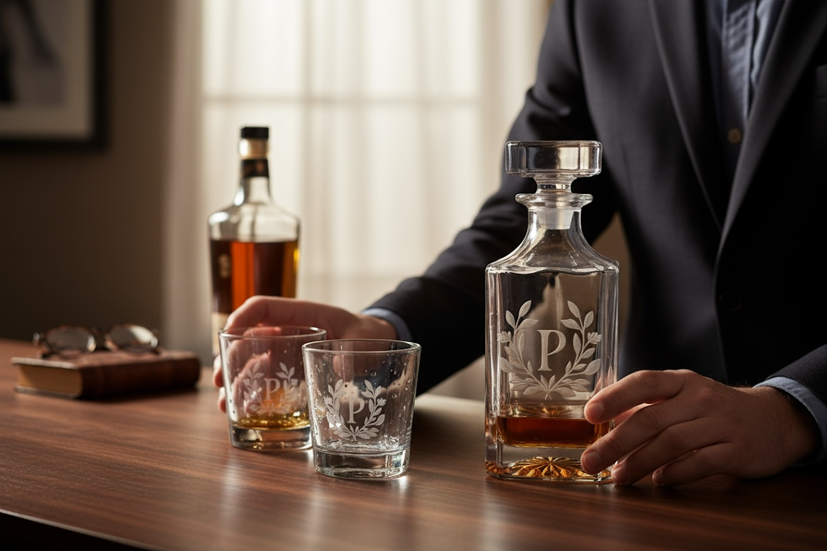 Custom Engraved Decanter Gift Set – 750ml with Optional Glasses & Display Box Wreath Design