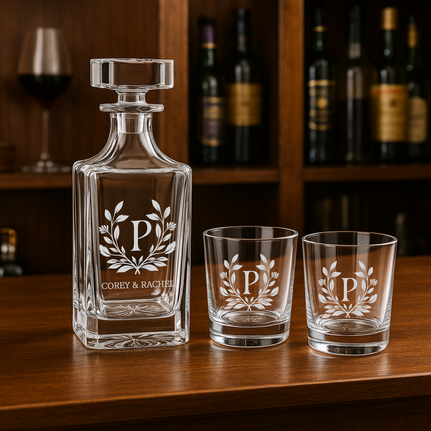 Custom Engraved Decanter Gift Set – 750ml with Optional Glasses & Display Box Wreath Design